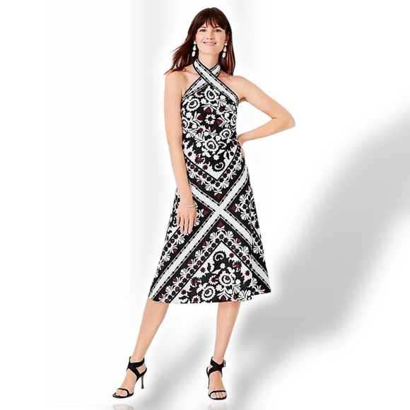 NWT Ann Taylor ‘Scarf Print Linen Blend Crossover Halter Dress’ in Black Size 2 - Picture 2 of 16